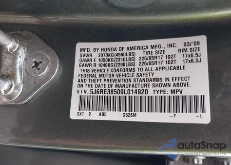 2009 Honda Cr-V Ex from USA, damaged, VIN 5J6RE38509L014920